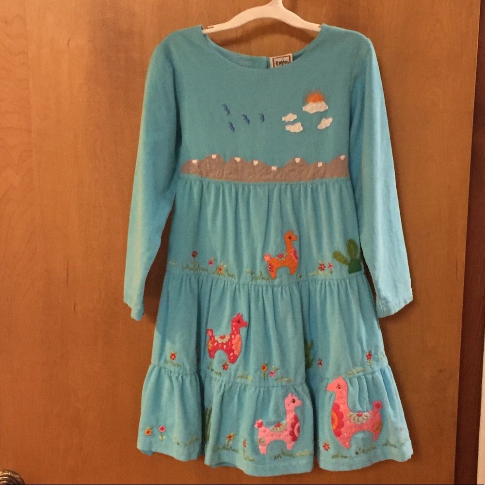 Cotton Kids Teal Embroidered Llama & Cactus Dress